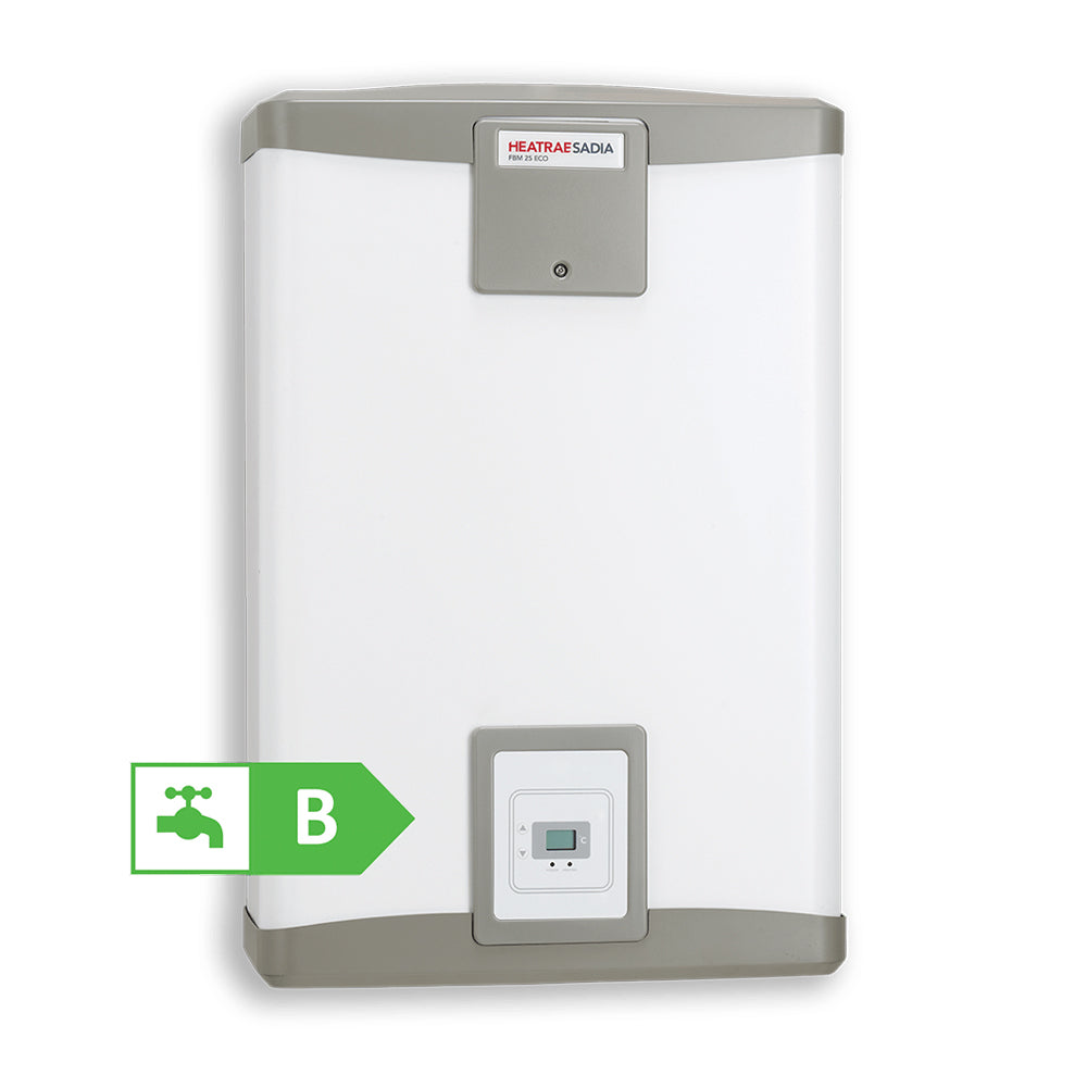 White Heatrae Sadia FBM Eco Vented Water Heater with 70 litre capacity and 3kW rating on white background